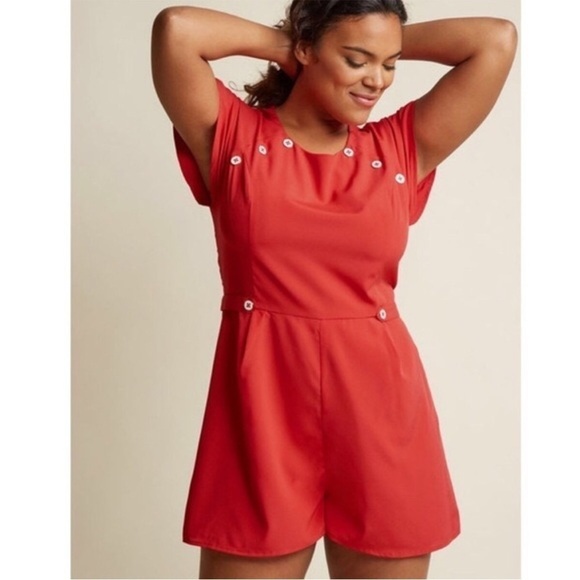 Modcloth Nostalgic Discovery Romper Red Short Sleeve Shorts Nautical Sailor 3x - Picture 1 of 8